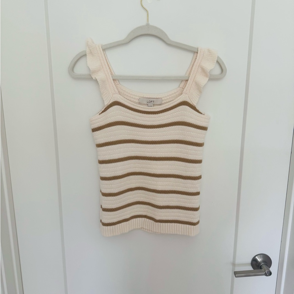 LOFT Striped Cream and Brown Knit Tank Top XS